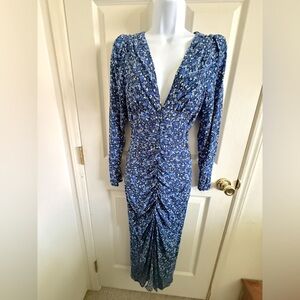 Zara Blue Floral Long Sleeve V-Neck Bodycon Dress